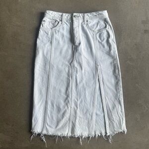 Free People A-Line White Frayed Denim Midi Skirt with Front Side Slit (28)